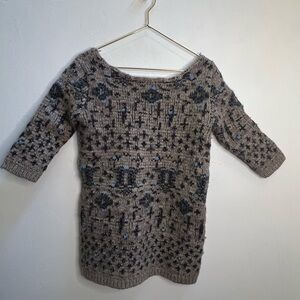 Free People Taupe Knit Off-Shoulder Tunic Wool Blend Sweater with Blue Pattern S
